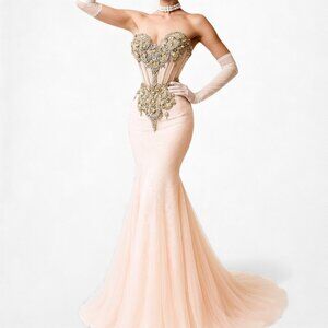 Vintage Y2K Pastel Pink Strapless Rhinestone Beaded Maxi Prom Dress Size XS